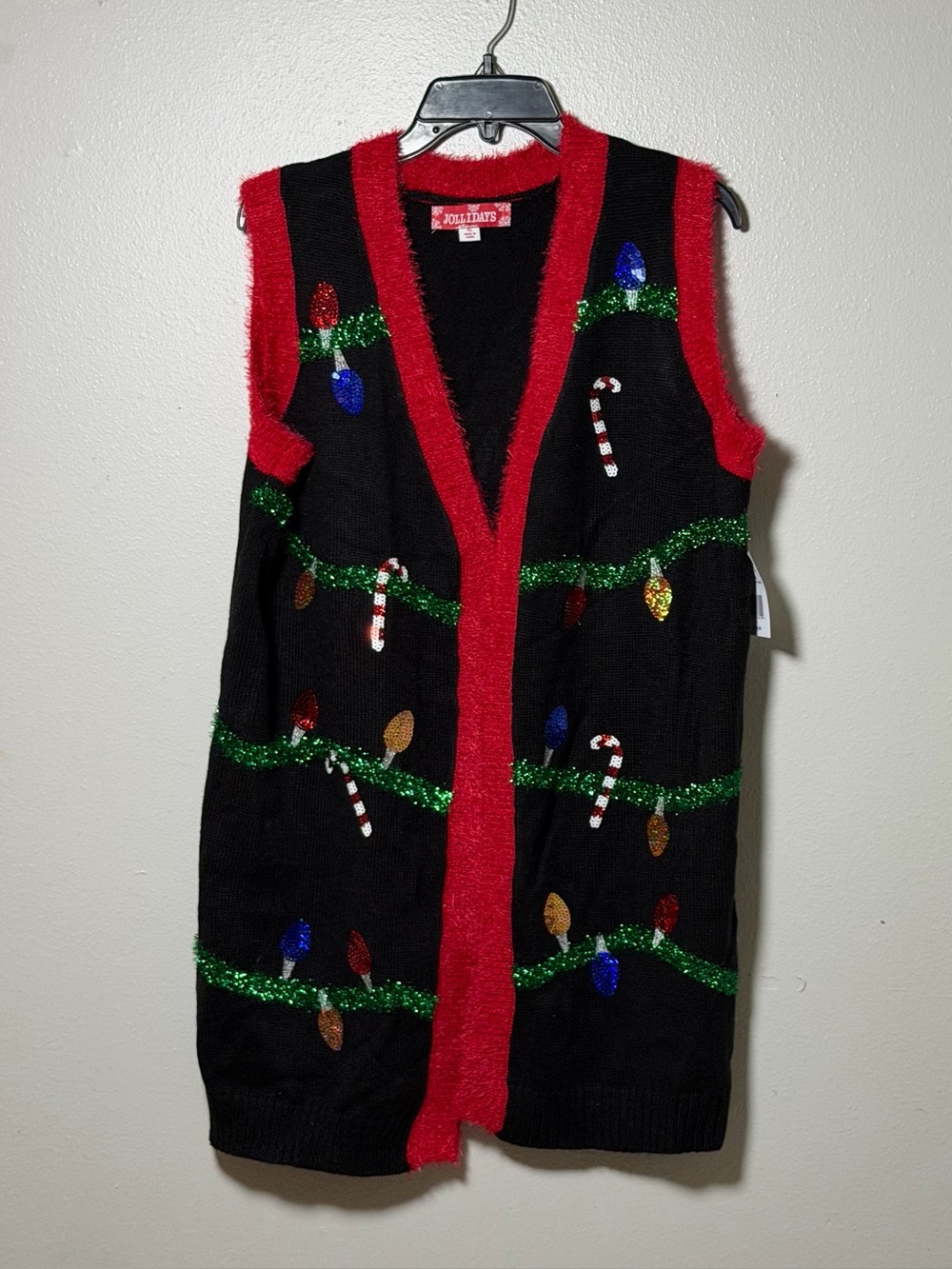 Jollidays Women Christmas Black/Red Holiday Sleeveless Cardigan Sweater Vest XL